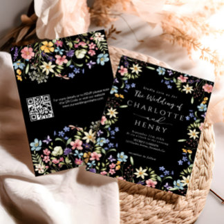 Invitation Mariage de Fleur sauvage de code QR moderne noir