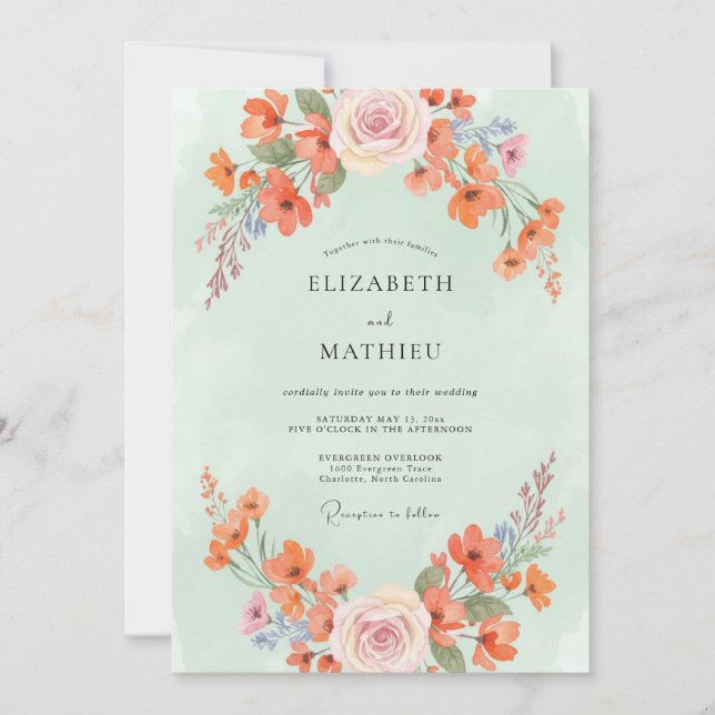 Invitation Mariage de Fleur Sauvage de Corail Blush de Menthe (Devant)