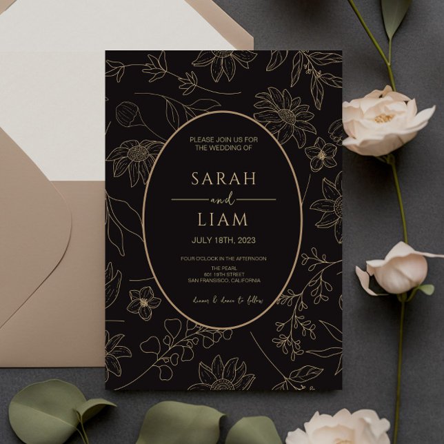 Invitation Mariage de Fleur sauvage de ligne d'anémone noir e (Créateur téléchargé)