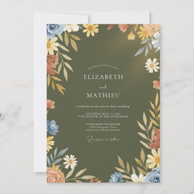 Invitation Mariage de Fleur Sauvage Jaune Olive Intemporel (Devant)