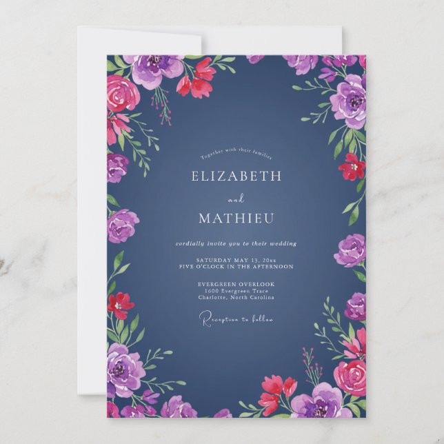 Invitation Mariage de Fleur Sauvage Magenta de Minuit (Devant)