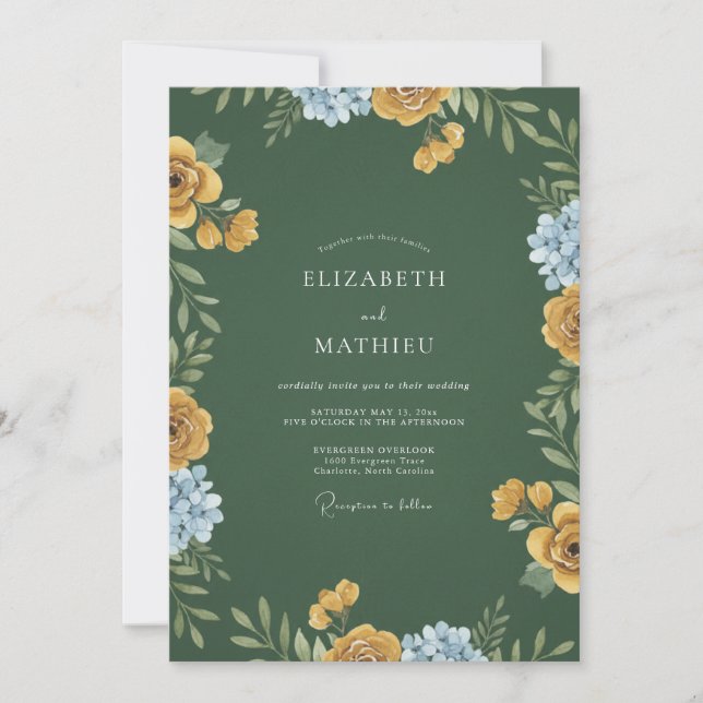 Invitation Mariage de Fleur Sauvage Moutarde Pervenche (Devant)