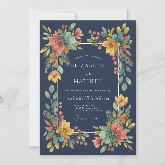 Invitation Mariage de Fleur Sauvage Ocres de Minuit (Devant)