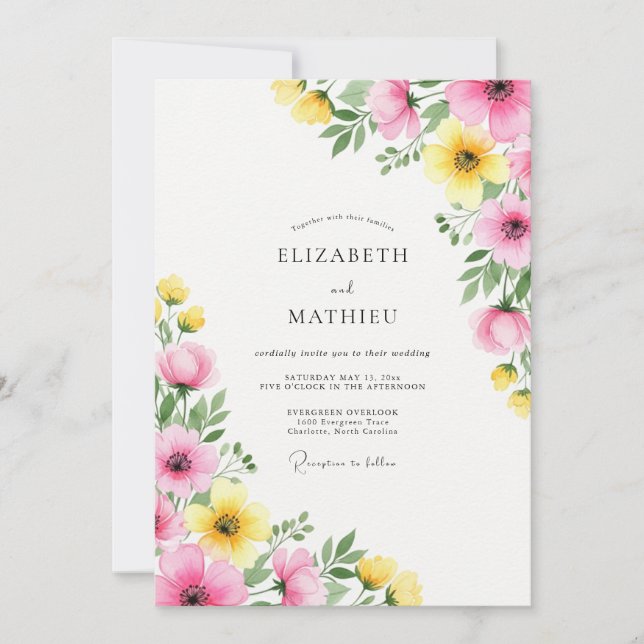Invitation Mariage de Fleur Sauvage Rose Jaune Radiante (Devant)