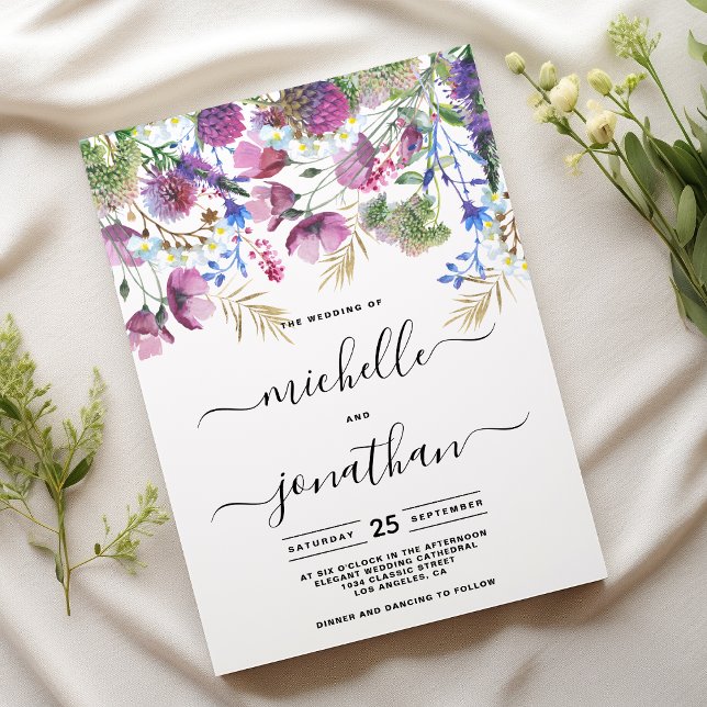 Invitation Mariage de fleur sauvage rose violet menthe or (Pink purple mint gold wild flower wedding )