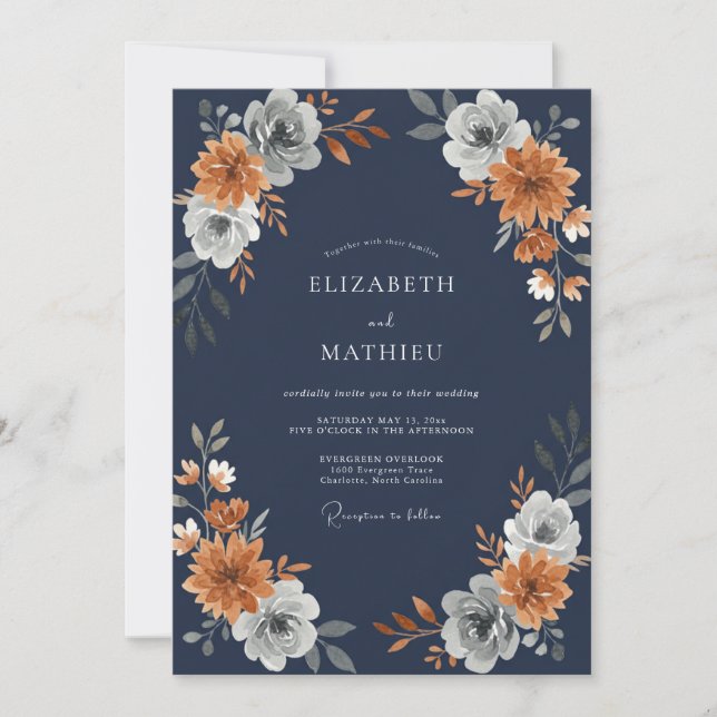 Invitation Mariage de Fleur Sauvage Terracotta de Minuit (Devant)