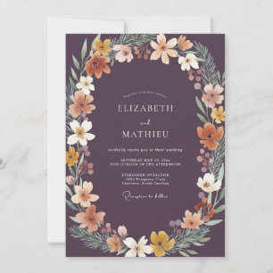 Invitation Mariage de Fleur Sauvage Tropicale de Prune Profon