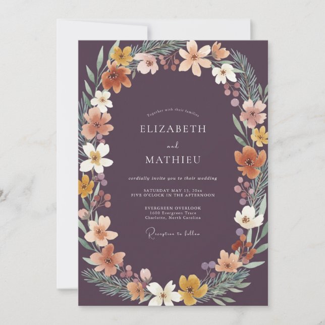 Invitation Mariage de Fleur Sauvage Tropicale de Prune Profon (Devant)