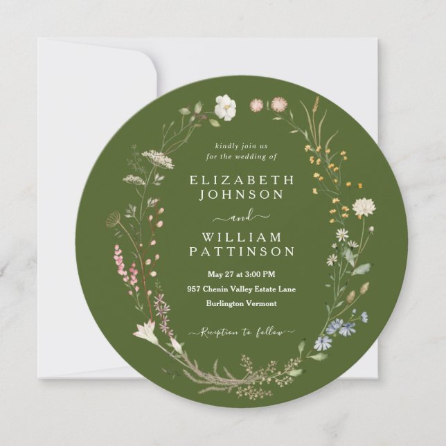 Invitation Mariage de Fleur sauvage vert moss Rustique (Devant)