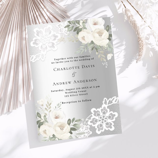 Invitation Mariage de fleurs blanches argentées (Créateur téléchargé)