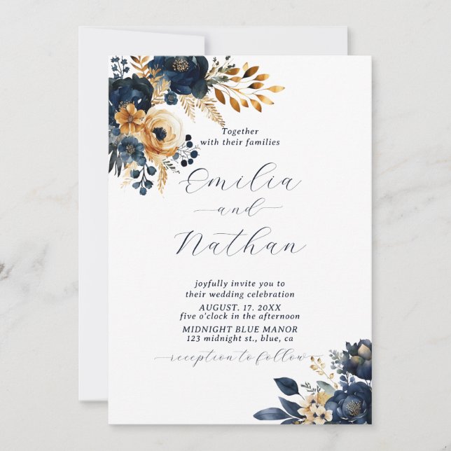 Invitation Mariage de fleurs bleu et or de minuit (Devant)