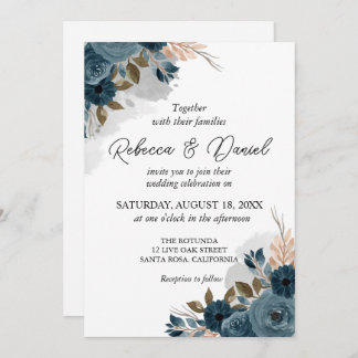 Invitation Mariage de fleurs bleu marine moderne