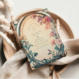 Invitation Mariage de fleurs bleu rouille