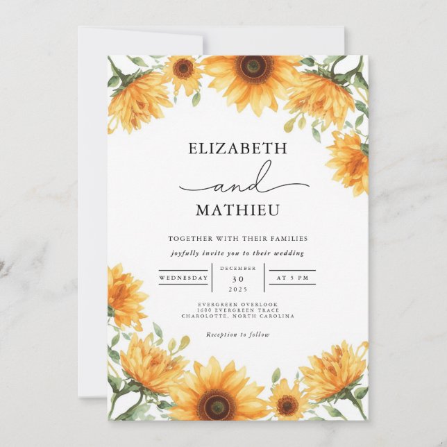 Invitation Mariage de fleurs bordé de tournesol doré (Devant)