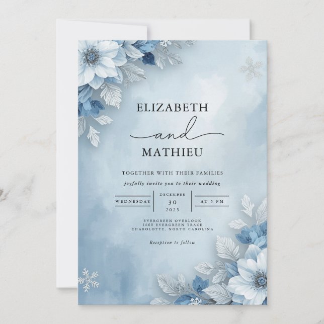 Invitation Mariage de fleurs Cool bleues (Devant)