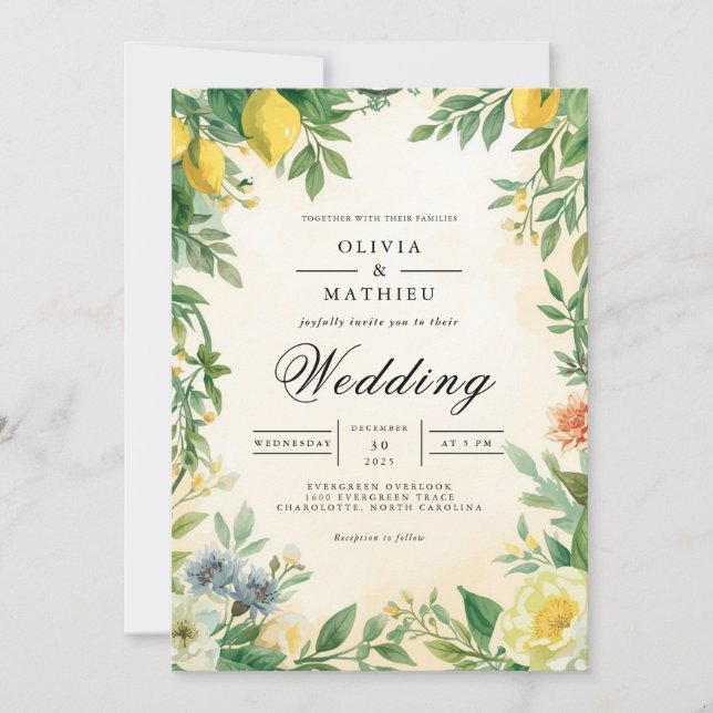 Invitation Mariage de fleurs d'agrumes dorés (Devant)