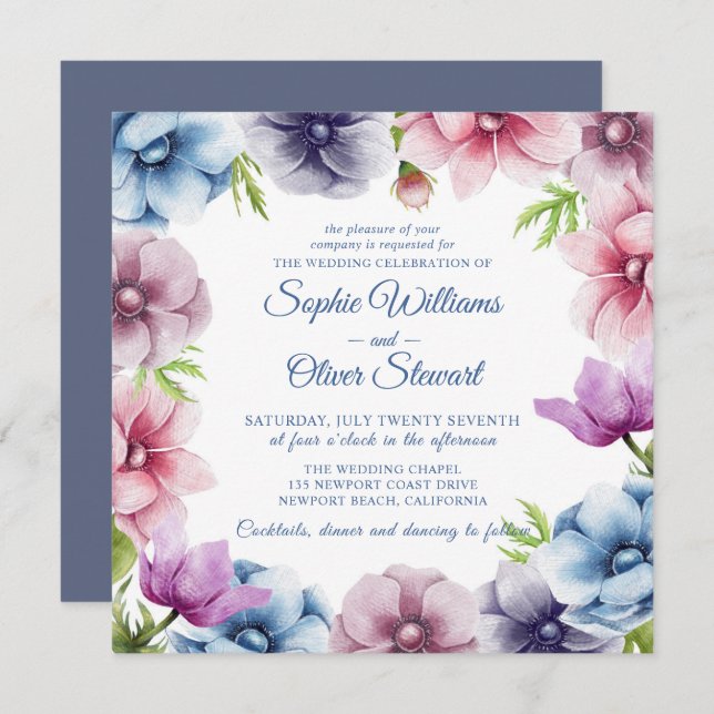 Invitation Mariage de fleurs d'anémone aquarelle (Devant / Derrière)