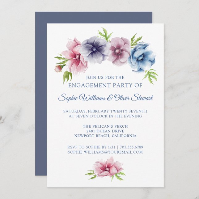 Invitation Mariage de fleurs d'anémone aquarelle | FIANÇAILLE (Devant / Derrière)