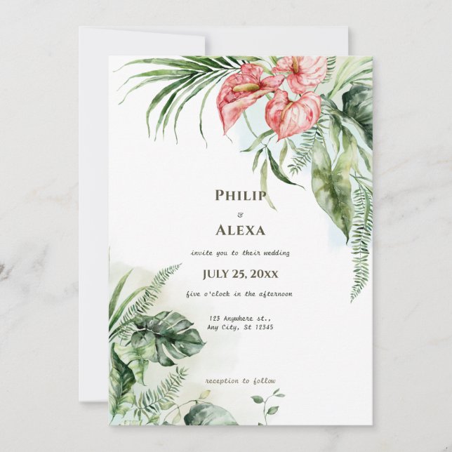 Invitation Mariage de fleurs d'anthurium feuille vert tropica (Devant)