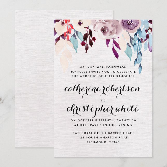 Invitation Mariage de fleurs d'aquarelle (Devant / Derrière)