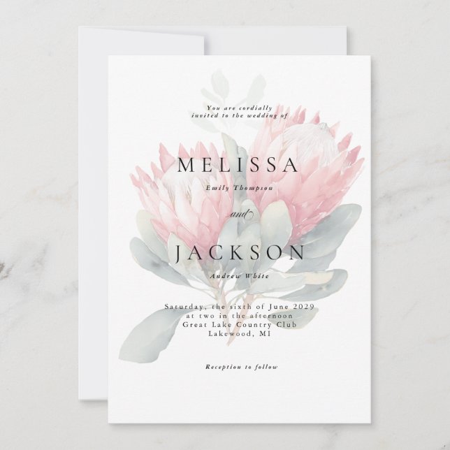 Invitation Mariage de fleurs d'aquarelle en teinte Protea (Devant)