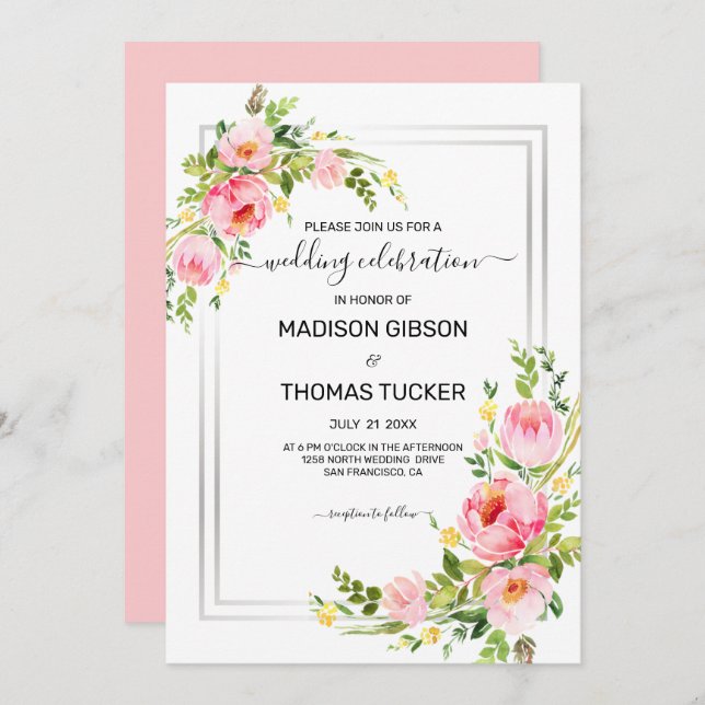 Invitation Mariage de fleurs d'aquarelle rose (Devant / Derrière)