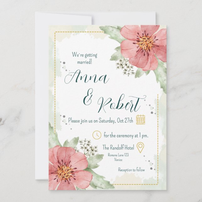 Invitation Mariage de fleurs d'aquarelle rouge (Devant)