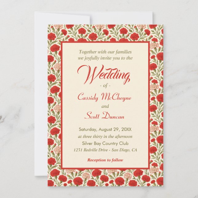 Invitation Mariage de fleurs de carnation rouge romantique (Devant)