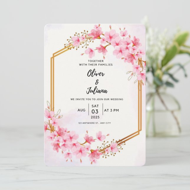 Invitation Mariage de fleurs de cerisier rose (Debout devant)