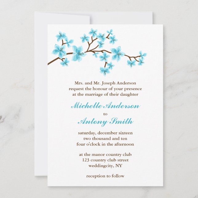 Invitation Mariage de fleurs de cerisiers d'Aqua (Devant)