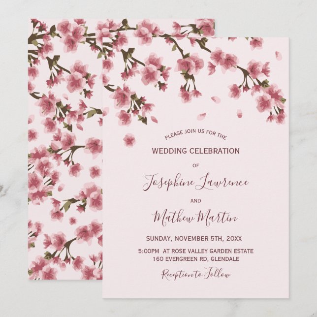 Invitation Mariage de fleurs de cerisiers roses (Devant / Derrière)