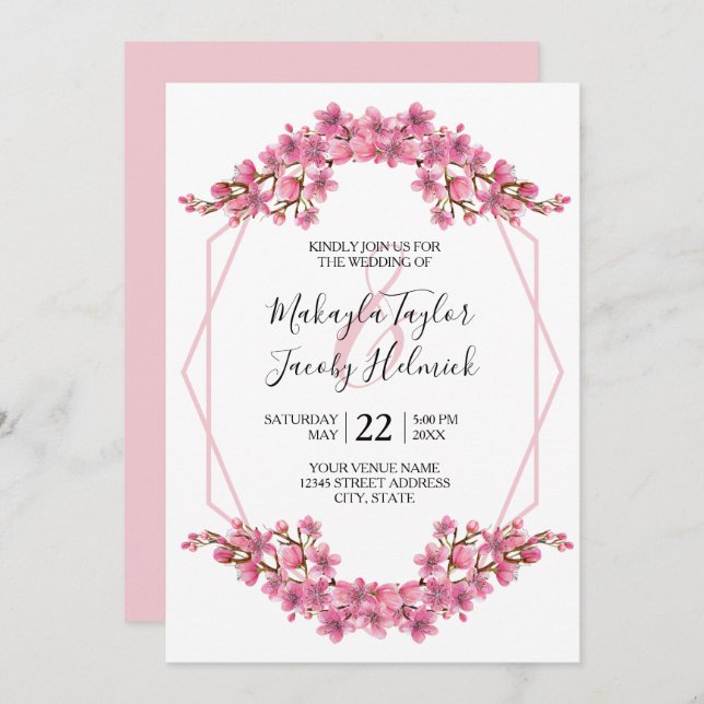 Invitation Mariage de fleurs de cerisiers roses (Devant / Derrière)