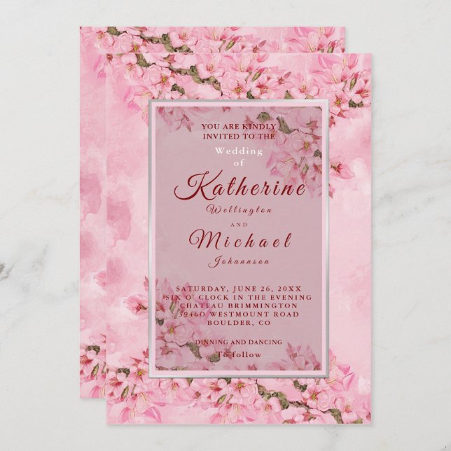 Invitation Mariage de fleurs de cerisiers roses (Devant / Derrière)