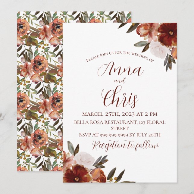 INVITATION MARIAGE DE FLEURS DE CHUTE DE COULEUR D'EAU (Devant / Derrière)