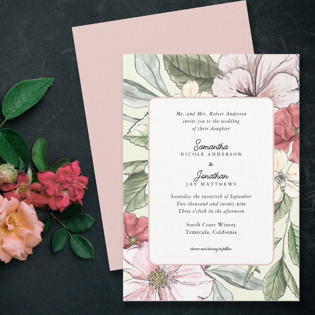 Invitation Mariage de fleurs de chute de rose et de sable (Créateur téléchargé)