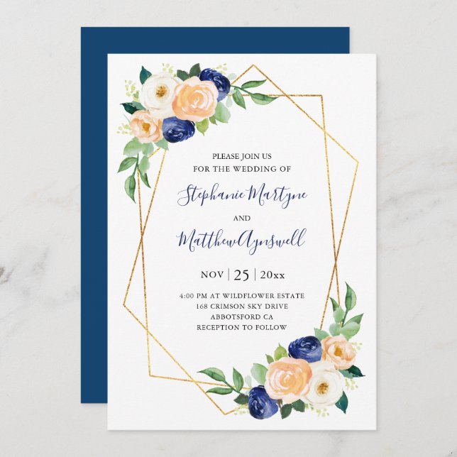 Invitation Mariage de fleurs de corail de la marine géométriq (Devant / Derrière)