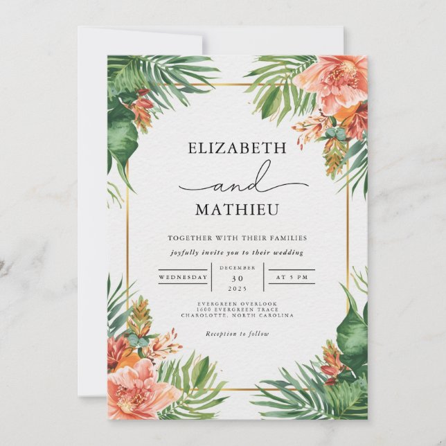 Invitation Mariage de fleurs de corail et de palmiers verdoya (Devant)