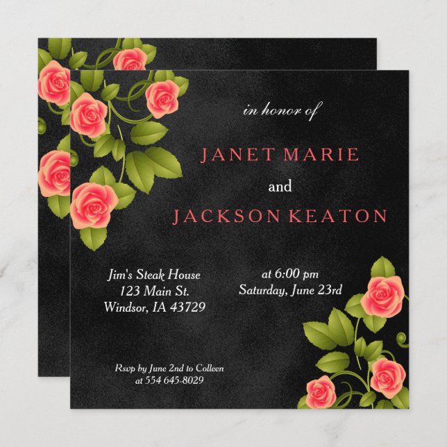 Invitation Mariage de fleurs de corail noir et rose (Devant / Derrière)