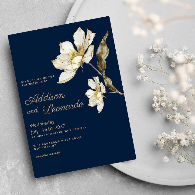Invitation Mariage de fleurs de parties scintillant bleu mari (Luxury navy blue gold white glitter flower Wedding )