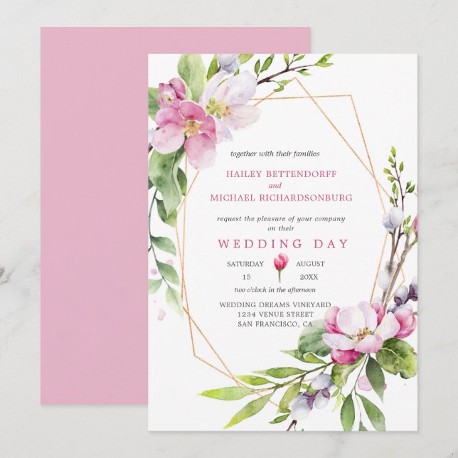 Invitation Mariage de fleurs de pomme rose et blanche (Devant / Derrière)