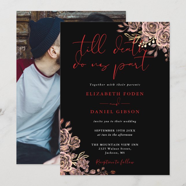 Invitation Mariage de Fleurs de Roses Gothiques Noir et Rouge (Devant / Derrière)