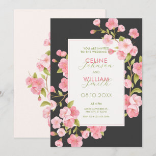 Invitation Mariage de fleurs de sakura rose noir