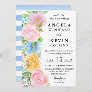 Invitation Mariage de fleurs de saumons rose jaune et bleu