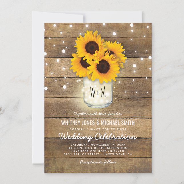 Invitation Mariage de fleurs de soleil en bois rustique (Devant)