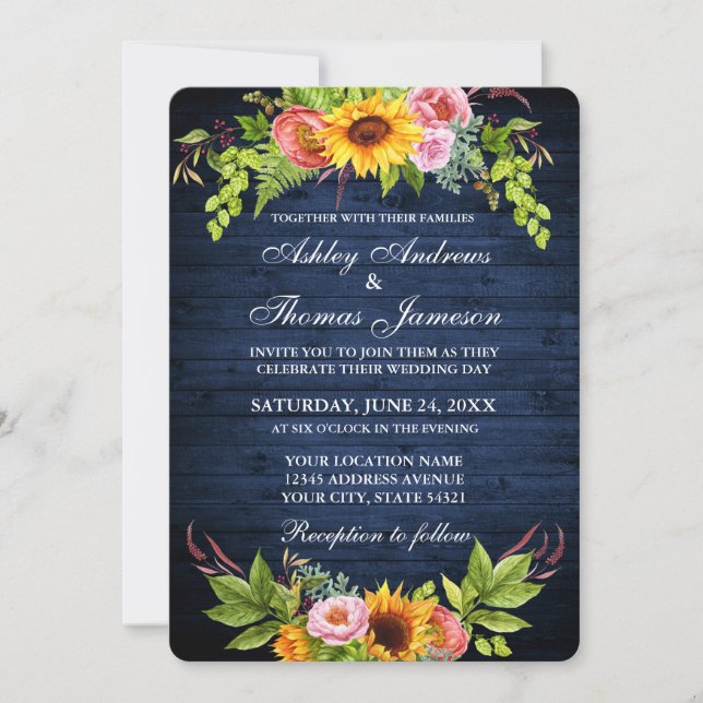 Invitation Mariage de fleurs de tournesol en bois bleu rustiq (Devant)