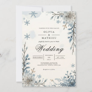 Invitation Mariage de fleurs d'hiver bleu givrée