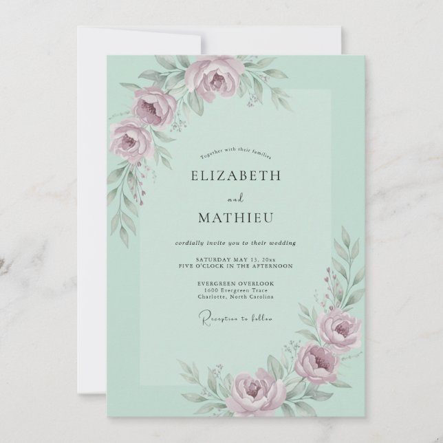 Invitation Mariage de Fleurs Douces et de Menthe en Arche (Devant)