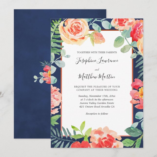 Invitation Mariage de fleurs florales élégantes bleu marine (Devant / Derrière)