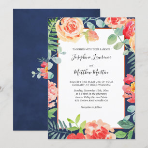 Invitation Mariage de fleurs florales élégantes bleu marine