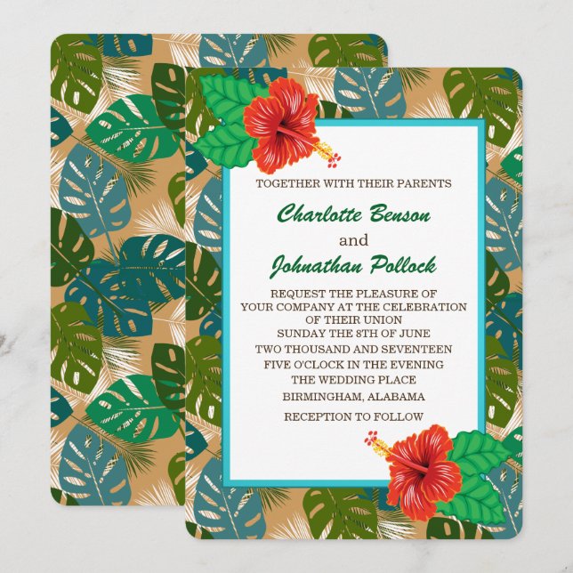 Invitation Mariage de fleurs Hibiscus de la Jungle hawaïenne (Devant / Derrière)